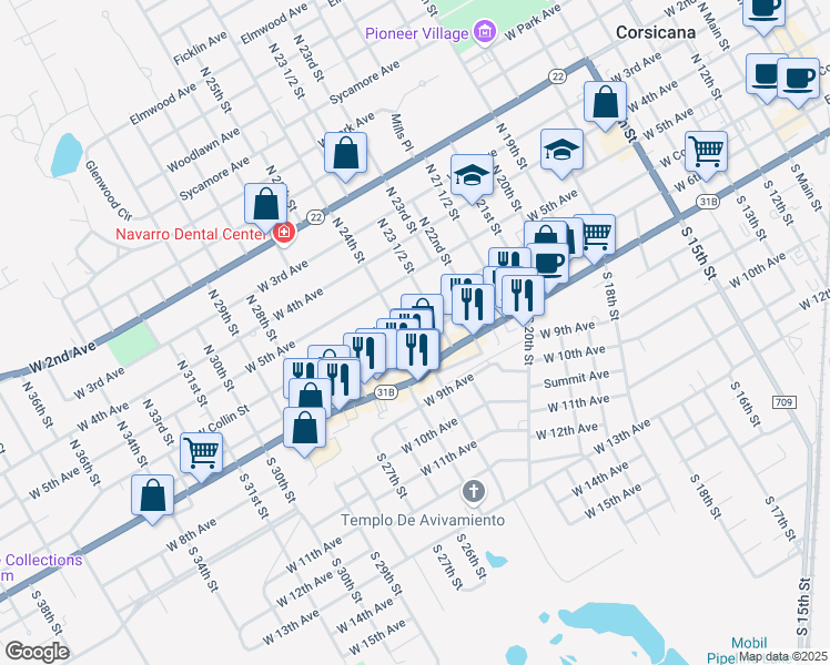 map of restaurants, bars, coffee shops, grocery stores, and more near 1501 West 6th Avenue in Corsicana