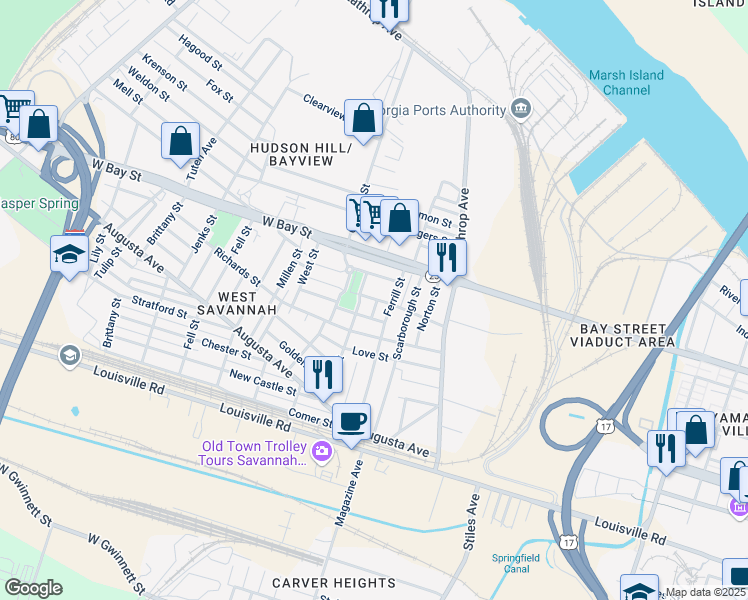 map of restaurants, bars, coffee shops, grocery stores, and more near 1351 Exley Street in Savannah