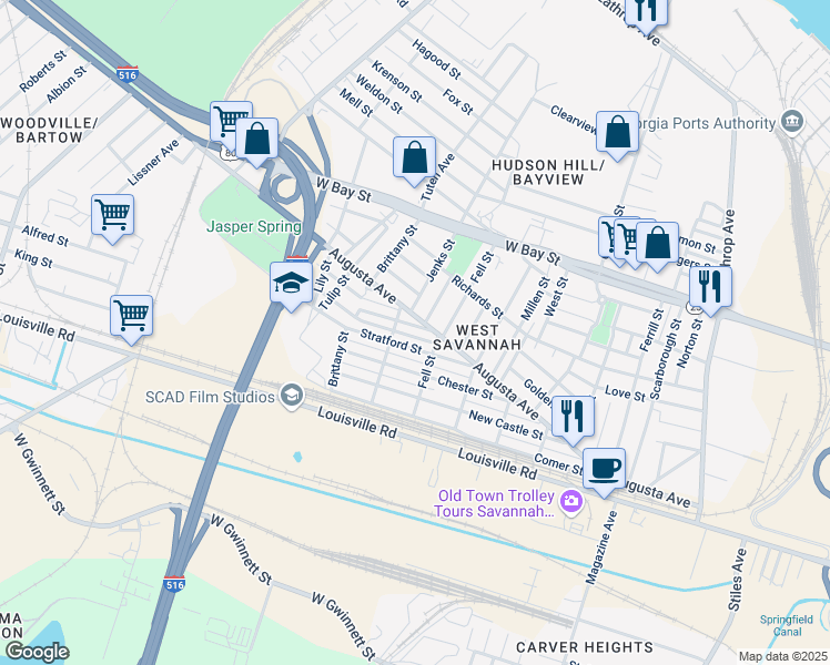 map of restaurants, bars, coffee shops, grocery stores, and more near 1603 Stratford Street in Savannah