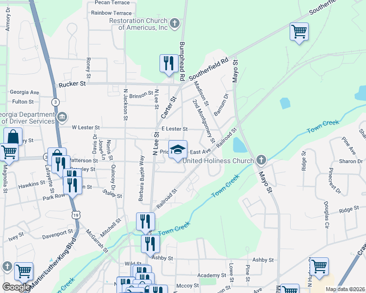 map of restaurants, bars, coffee shops, grocery stores, and more near 1202 Montgomery Street in Americus