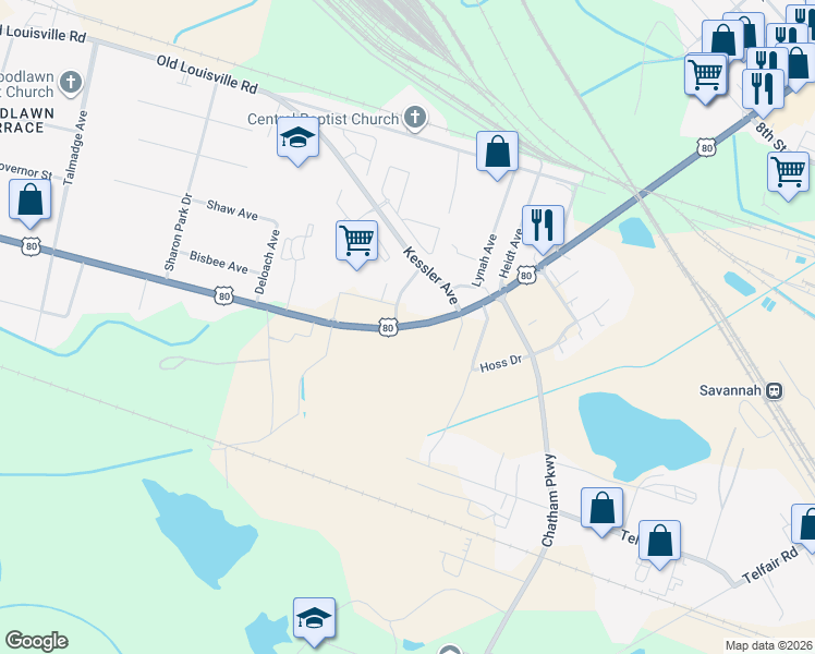 map of restaurants, bars, coffee shops, grocery stores, and more near 1312 U.S. 80 in Garden City