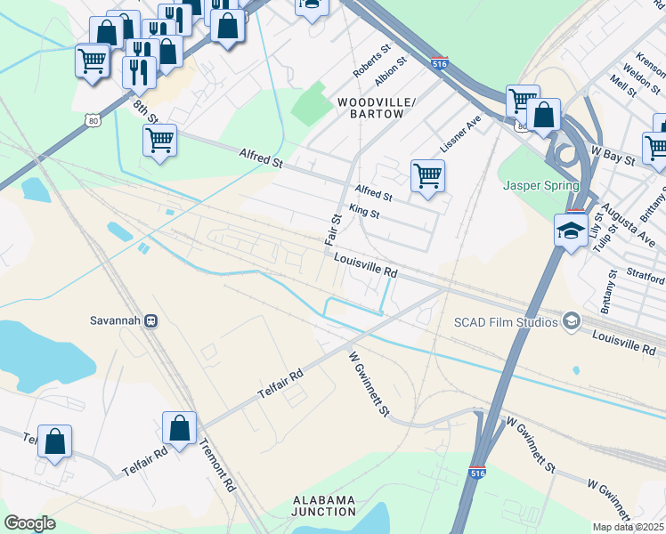 map of restaurants, bars, coffee shops, grocery stores, and more near 2740 Louisville Road in Savannah
