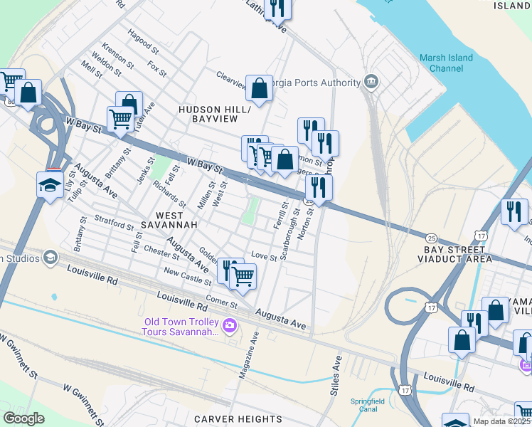 map of restaurants, bars, coffee shops, grocery stores, and more near 1350 Exley Street in Savannah