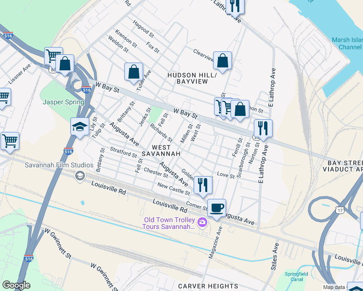 map of restaurants, bars, coffee shops, grocery stores, and more near 120 Millen Street in Savannah
