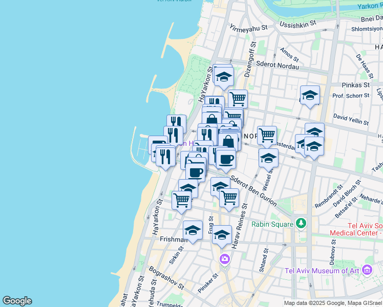 map of restaurants, bars, coffee shops, grocery stores, and more near 10 A.D. Gordon Street in Tel Aviv-Yafo