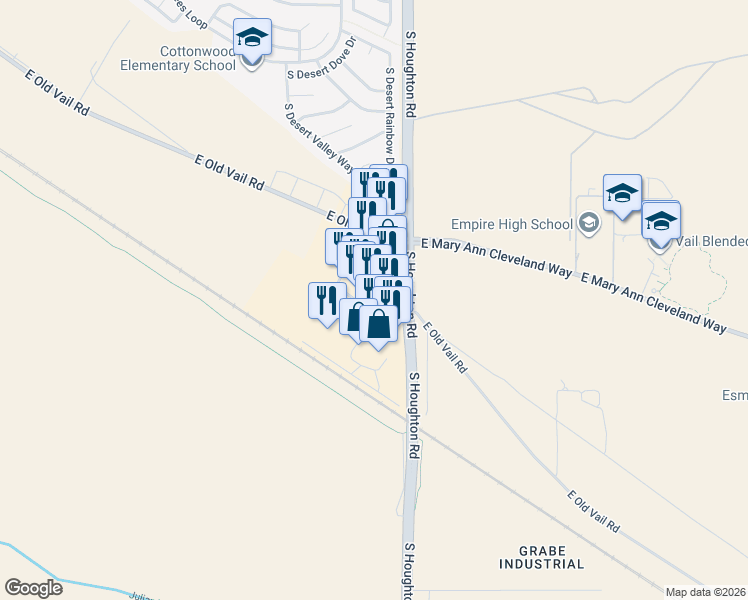 map of restaurants, bars, coffee shops, grocery stores, and more near 9160 South Houghton Road in Tucson
