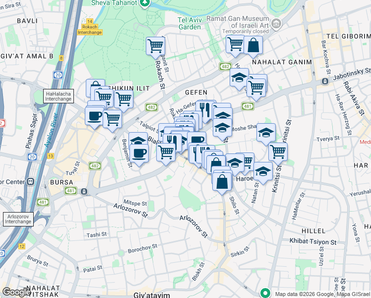 map of restaurants, bars, coffee shops, grocery stores, and more near Derech Ze'ev Jabotinsky in Ramat Gan