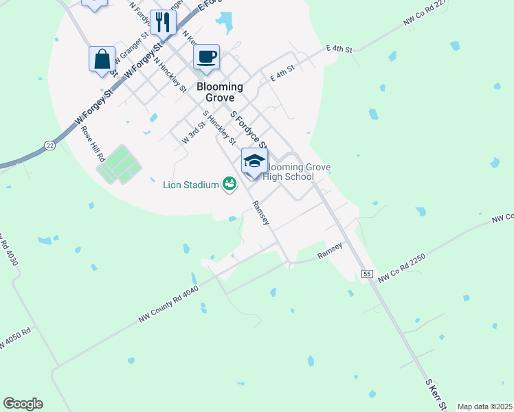 map of restaurants, bars, coffee shops, grocery stores, and more near Ramsey in Blooming Grove
