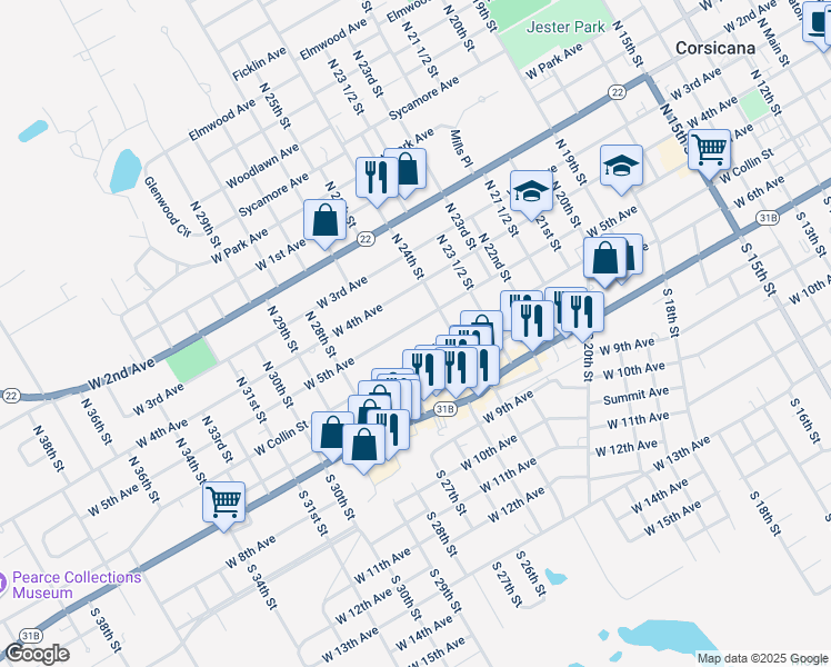 map of restaurants, bars, coffee shops, grocery stores, and more near 1507 West 5th Avenue in Corsicana
