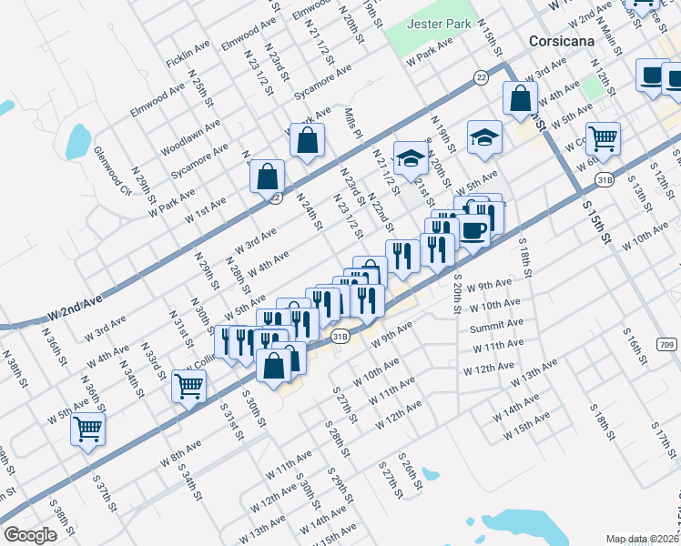 map of restaurants, bars, coffee shops, grocery stores, and more near 1507 West 5th Avenue in Corsicana