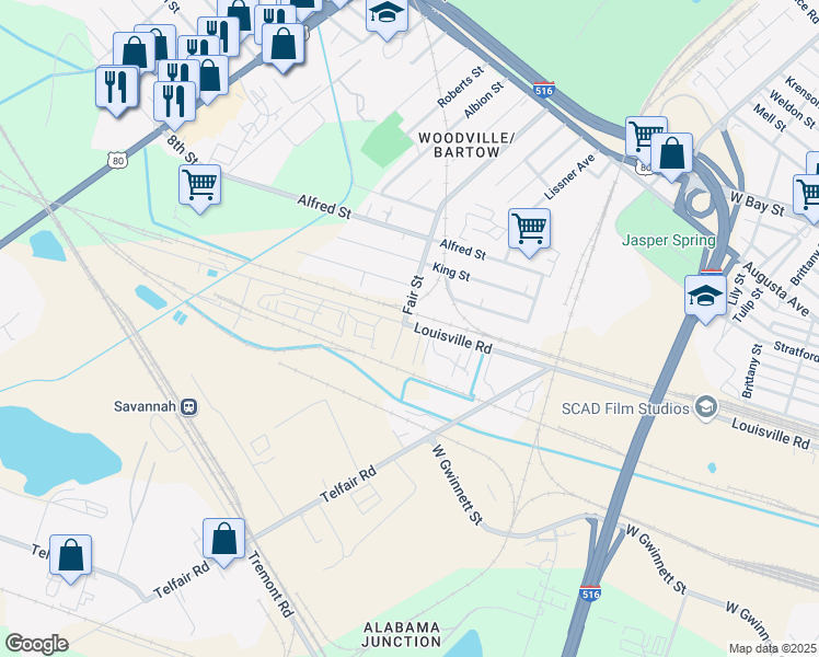 map of restaurants, bars, coffee shops, grocery stores, and more near 2740 Louisville Road in Savannah