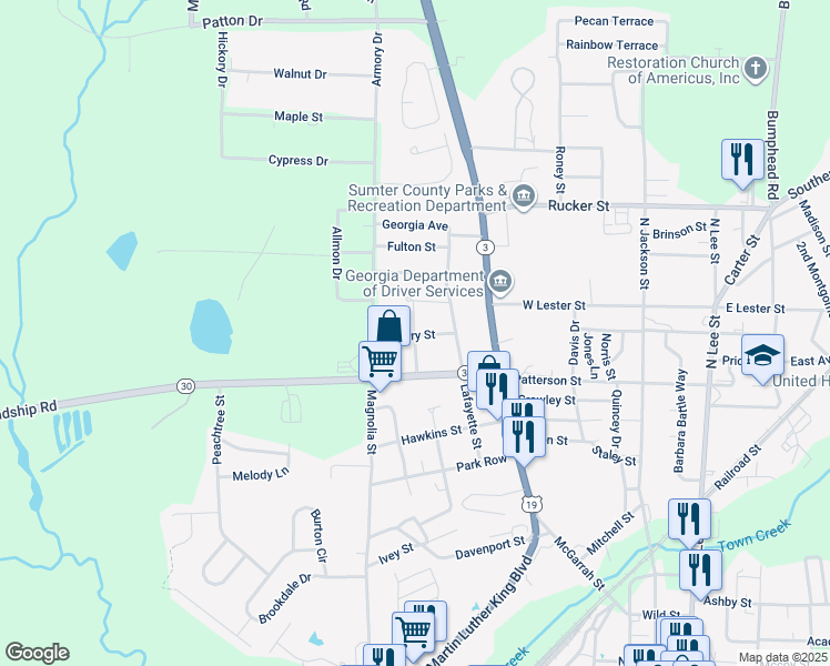 map of restaurants, bars, coffee shops, grocery stores, and more near 1601 Washington Street in Americus