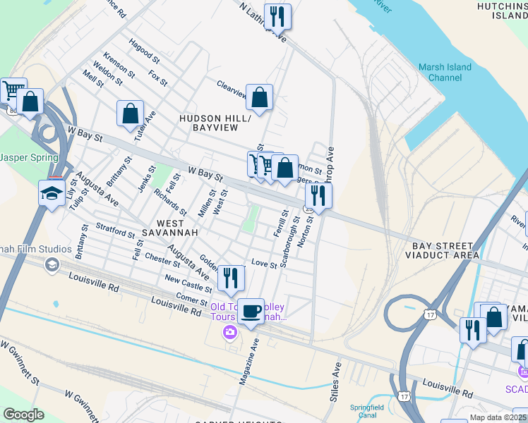 map of restaurants, bars, coffee shops, grocery stores, and more near 40 Eagle Street in Savannah