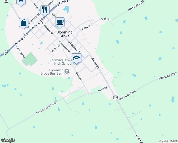 map of restaurants, bars, coffee shops, grocery stores, and more near 738 Atkinson Street in Blooming Grove