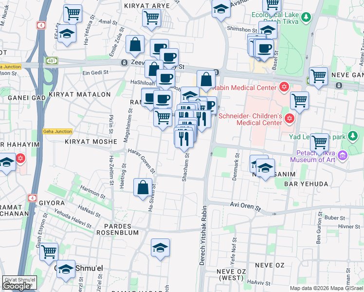map of restaurants, bars, coffee shops, grocery stores, and more near 32 שחם in פתח תקווה