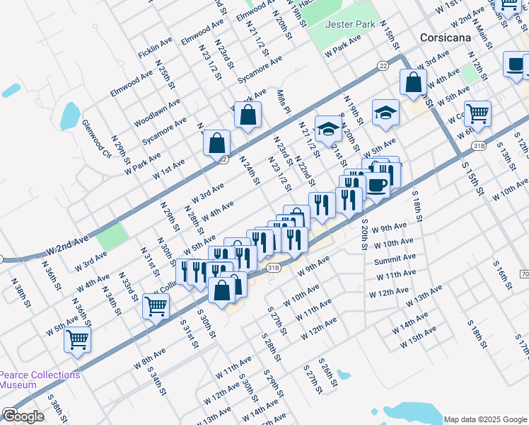 map of restaurants, bars, coffee shops, grocery stores, and more near 1507 West 5th Avenue in Corsicana