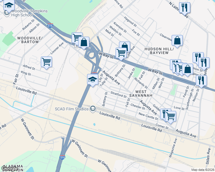 map of restaurants, bars, coffee shops, grocery stores, and more near 1806 Dexter Street in Savannah