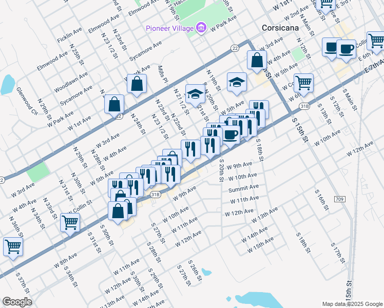 map of restaurants, bars, coffee shops, grocery stores, and more near 1401 West Collin Street in Corsicana