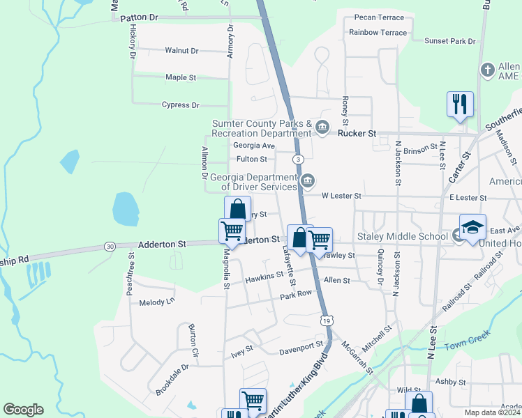 map of restaurants, bars, coffee shops, grocery stores, and more near 1601 Washington Street in Americus