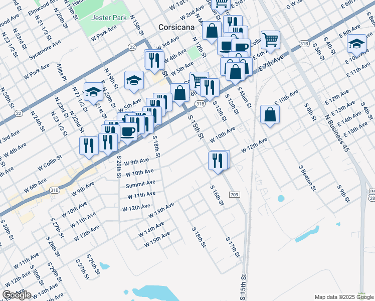 map of restaurants, bars, coffee shops, grocery stores, and more near 702 West 10th Avenue in Corsicana