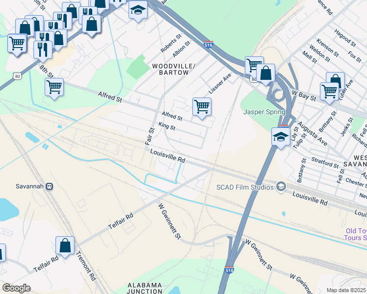 map of restaurants, bars, coffee shops, grocery stores, and more near 21 Darling Street in Savannah