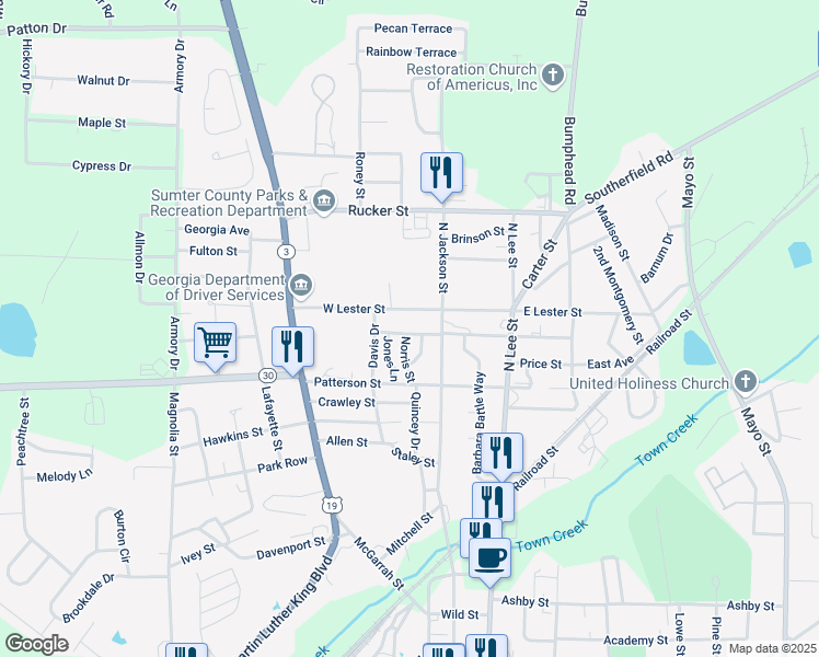 map of restaurants, bars, coffee shops, grocery stores, and more near 303 West Peppermint Way in Americus