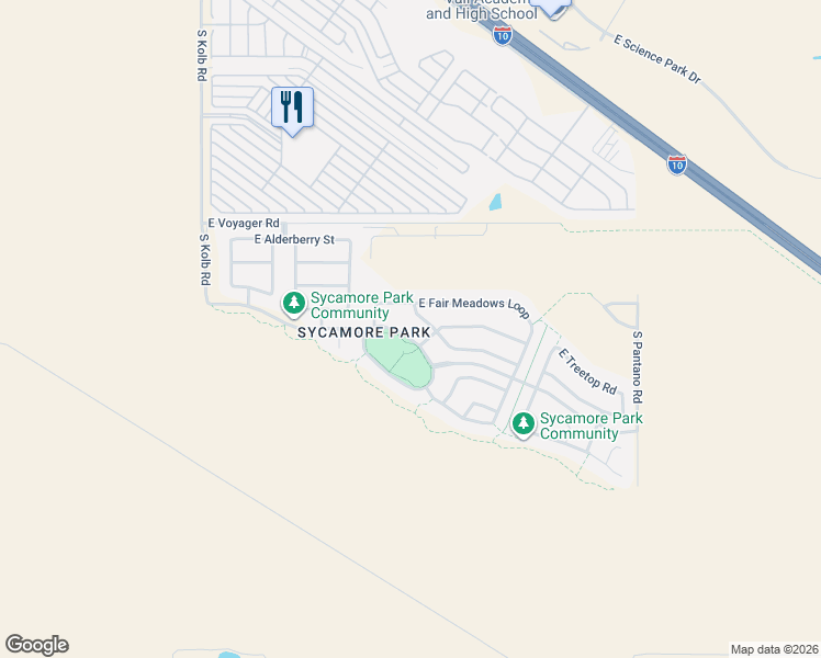 map of restaurants, bars, coffee shops, grocery stores, and more near 7447 East Sycamore Park Boulevard in Tucson