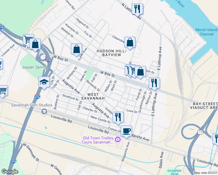 map of restaurants, bars, coffee shops, grocery stores, and more near 120 Millen Street in Savannah