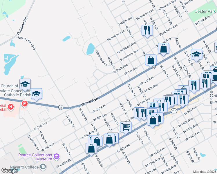 map of restaurants, bars, coffee shops, grocery stores, and more near 521 North 31st Street in Corsicana