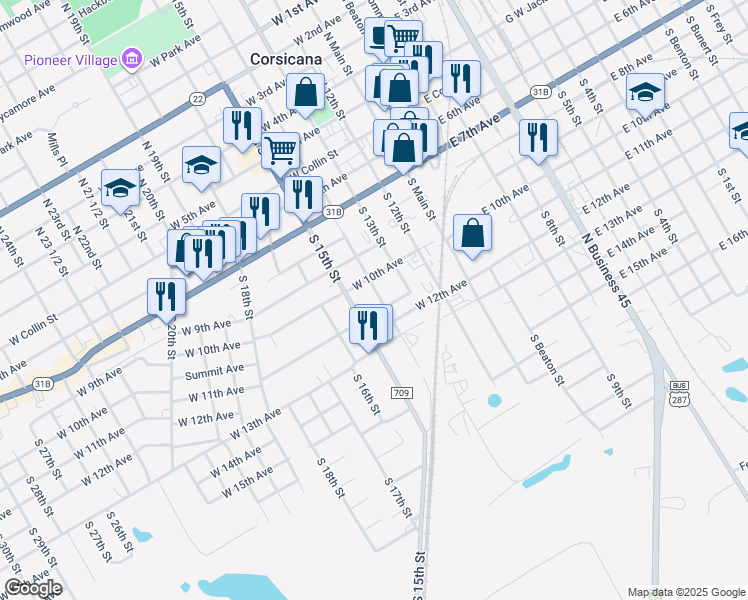 map of restaurants, bars, coffee shops, grocery stores, and more near 620 South 14th Street in Corsicana