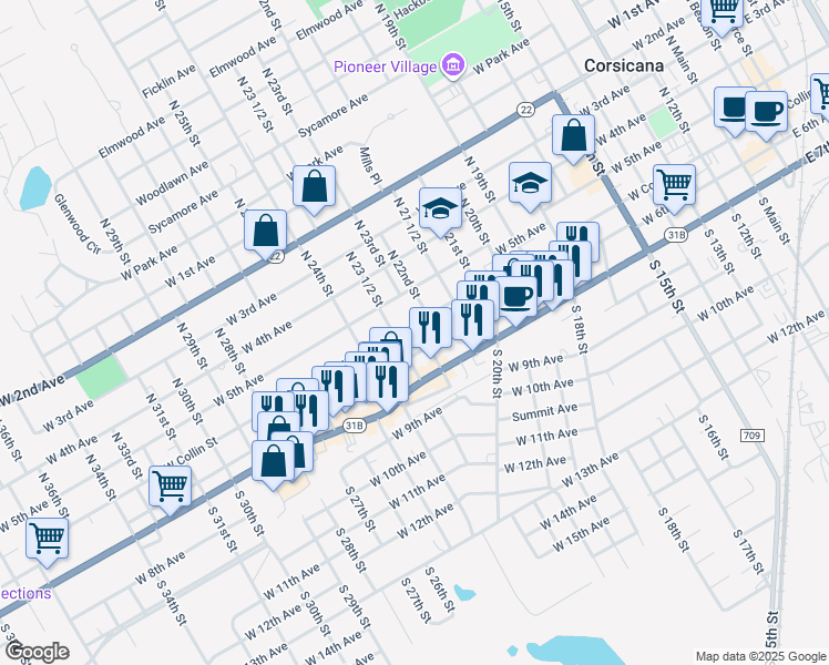 map of restaurants, bars, coffee shops, grocery stores, and more near 1401 West Collin Street in Corsicana