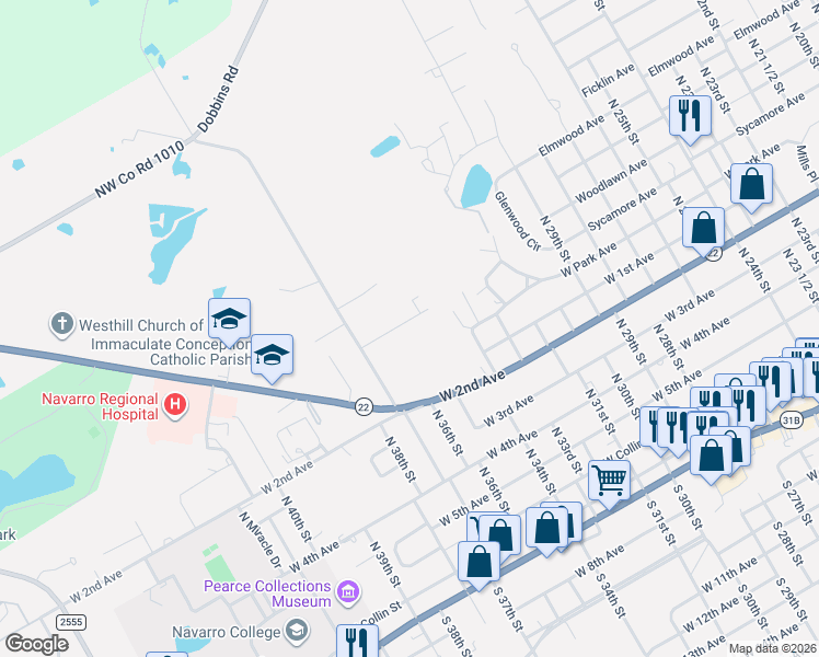 map of restaurants, bars, coffee shops, grocery stores, and more near 2625 West Sycamore Avenue in Corsicana