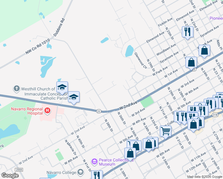 map of restaurants, bars, coffee shops, grocery stores, and more near 2625 West Sycamore Avenue in Corsicana