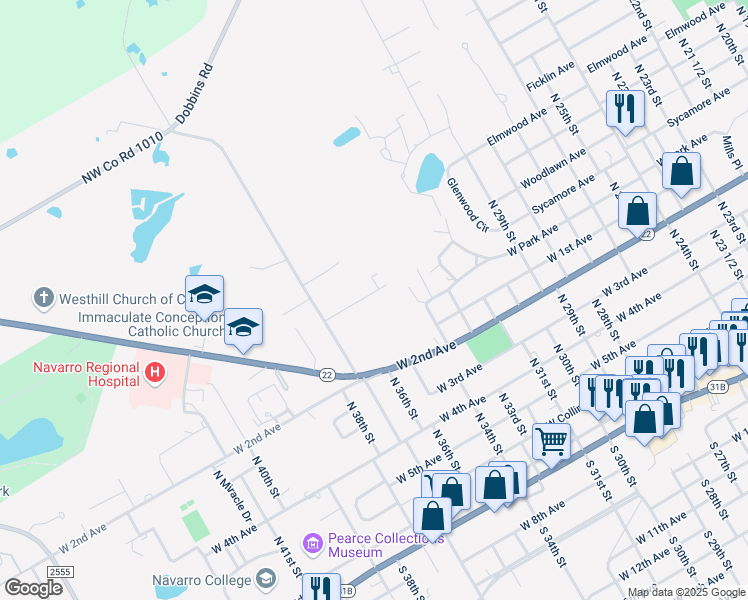 map of restaurants, bars, coffee shops, grocery stores, and more near 2300 West Park Avenue in Corsicana