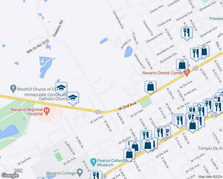 map of restaurants, bars, coffee shops, grocery stores, and more near 2537 West Sycamore Avenue in Corsicana