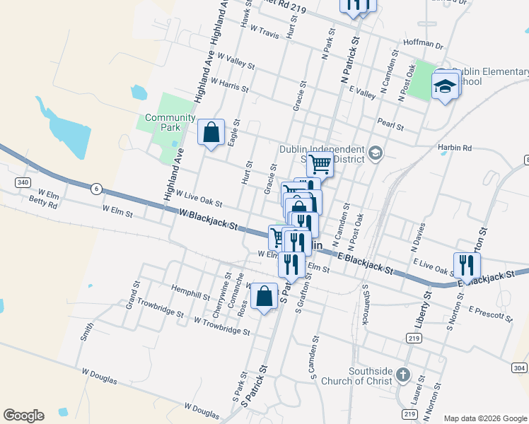 map of restaurants, bars, coffee shops, grocery stores, and more near 225 West Live Oak Street in Dublin