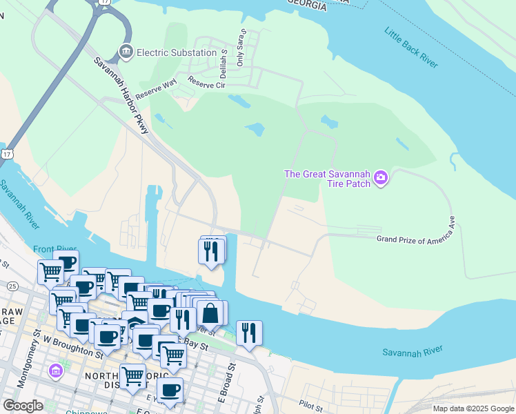 map of restaurants, bars, coffee shops, grocery stores, and more near 2 Resort Drive in Savannah