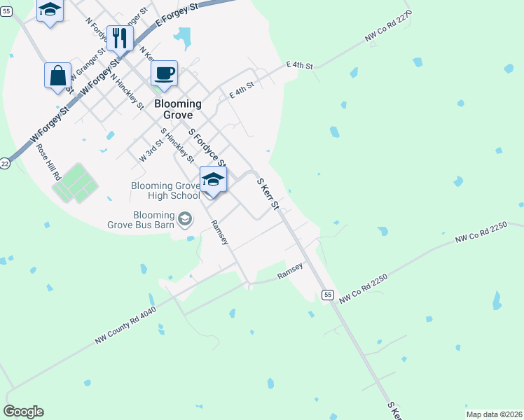 map of restaurants, bars, coffee shops, grocery stores, and more near 738 Atkinson Street in Blooming Grove