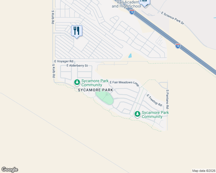 map of restaurants, bars, coffee shops, grocery stores, and more near 7447 East Sycamore Park Boulevard in Tucson