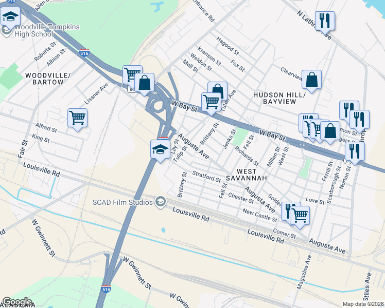 map of restaurants, bars, coffee shops, grocery stores, and more near 1806 Dexter Street in Savannah