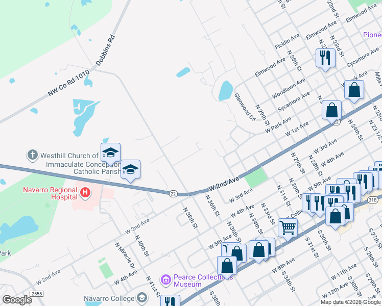 map of restaurants, bars, coffee shops, grocery stores, and more near 2608 West Sycamore Avenue in Corsicana
