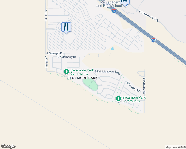 map of restaurants, bars, coffee shops, grocery stores, and more near 7459 East Sycamore Park Boulevard in Tucson