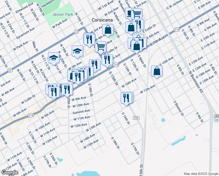 map of restaurants, bars, coffee shops, grocery stores, and more near 702 West 10th Avenue in Corsicana