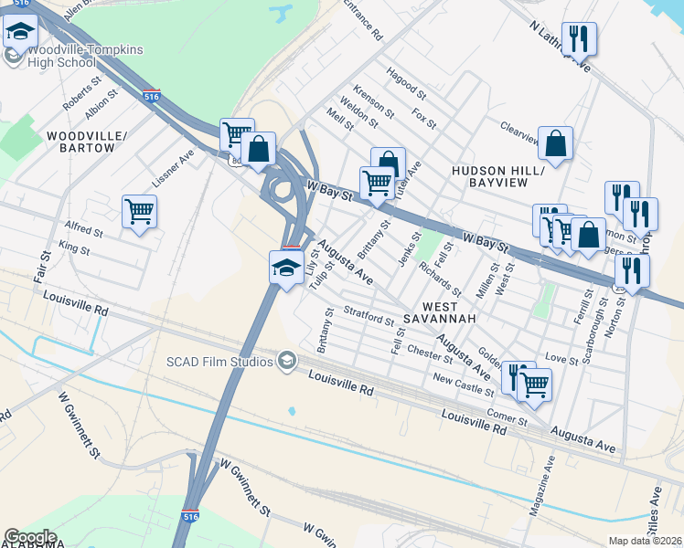 map of restaurants, bars, coffee shops, grocery stores, and more near 1806 Dexter Street in Savannah