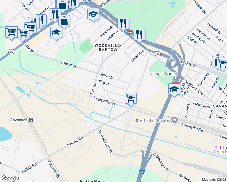 map of restaurants, bars, coffee shops, grocery stores, and more near 21 Darling Street in Savannah