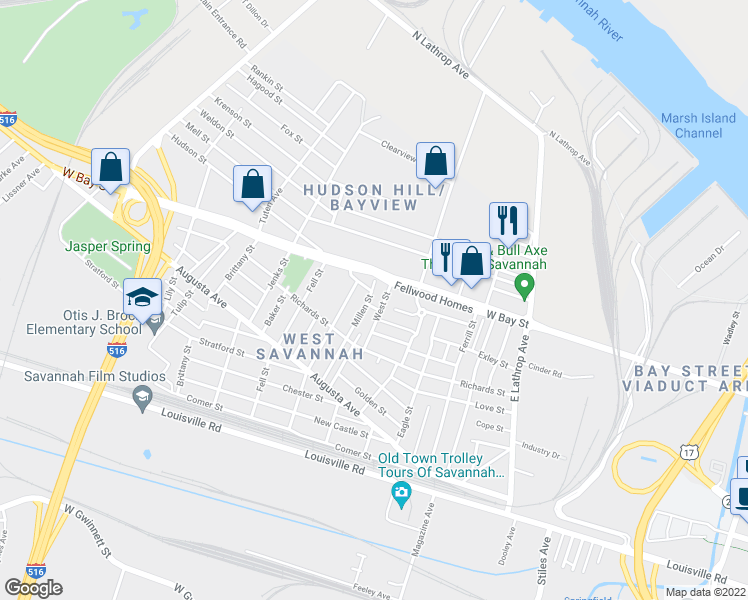 map of restaurants, bars, coffee shops, grocery stores, and more near 120 Millen Street in Savannah