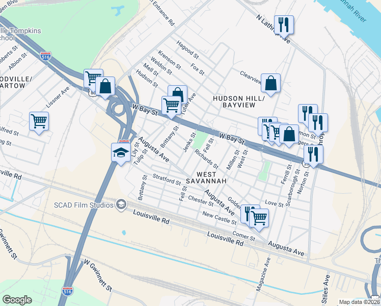 map of restaurants, bars, coffee shops, grocery stores, and more near 2009 Lewden Street in Savannah