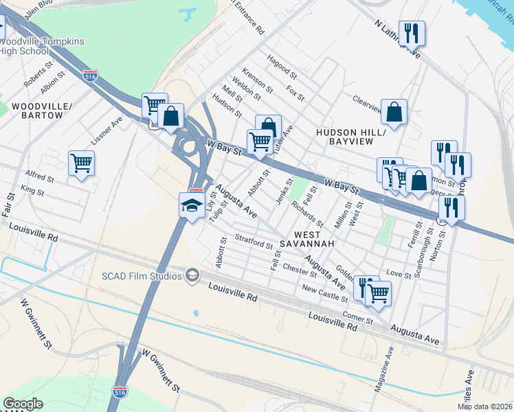 map of restaurants, bars, coffee shops, grocery stores, and more near 215 Brittany Street in Savannah