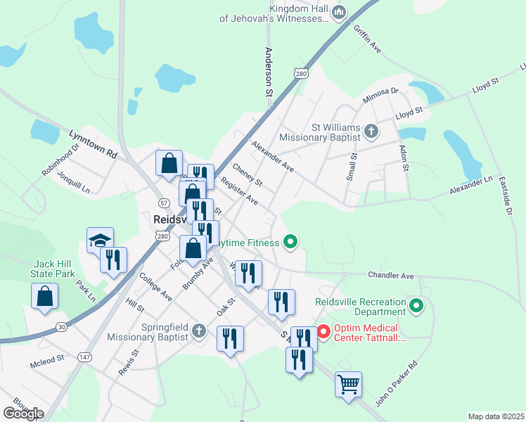 map of restaurants, bars, coffee shops, grocery stores, and more near 199 Brumby Avenue in Reidsville