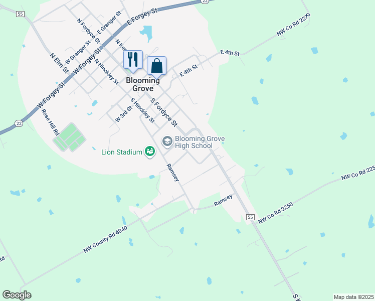 map of restaurants, bars, coffee shops, grocery stores, and more near 704 Atkinson Street in Blooming Grove